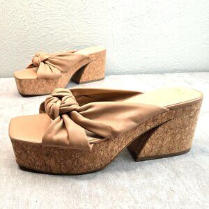 Y2K Platform Mule Sandals Size 11 Tan Knotted Square Toe Chunky Cork Block Heel